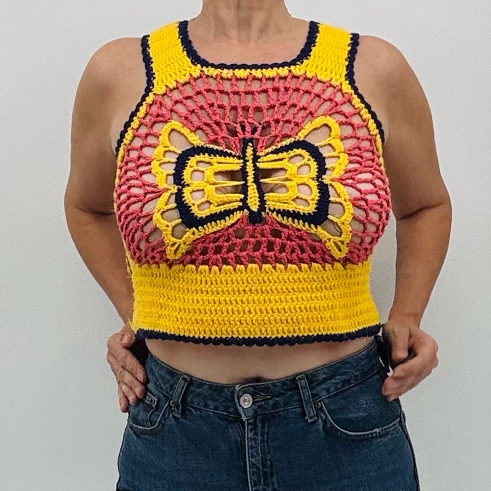 Vintage Y2K Crochet Macrame Boho Festival Butterfly Cut Out Sleeveless Crop Top